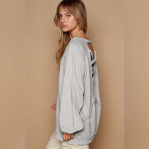 POL Back Cross Strap Detail Balloon Sleeve Sweatshirt - Picture 2 of 4